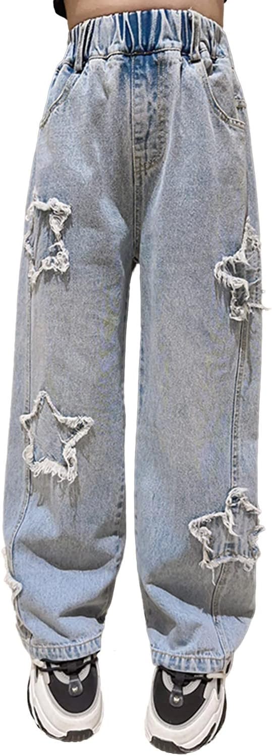 Rolanko Girls Jeans Denim Elastic Wasit Wide Leg Baggy Pants Kids Clothes 4-14 Y...