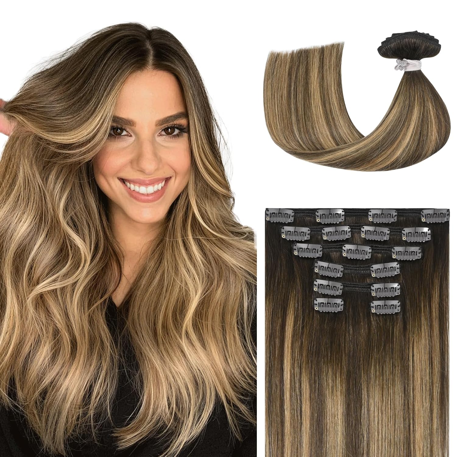 Ukira Balayage Clip in Hair Extensions Real Human Hair, 20 Inch 120g Chocolate B...