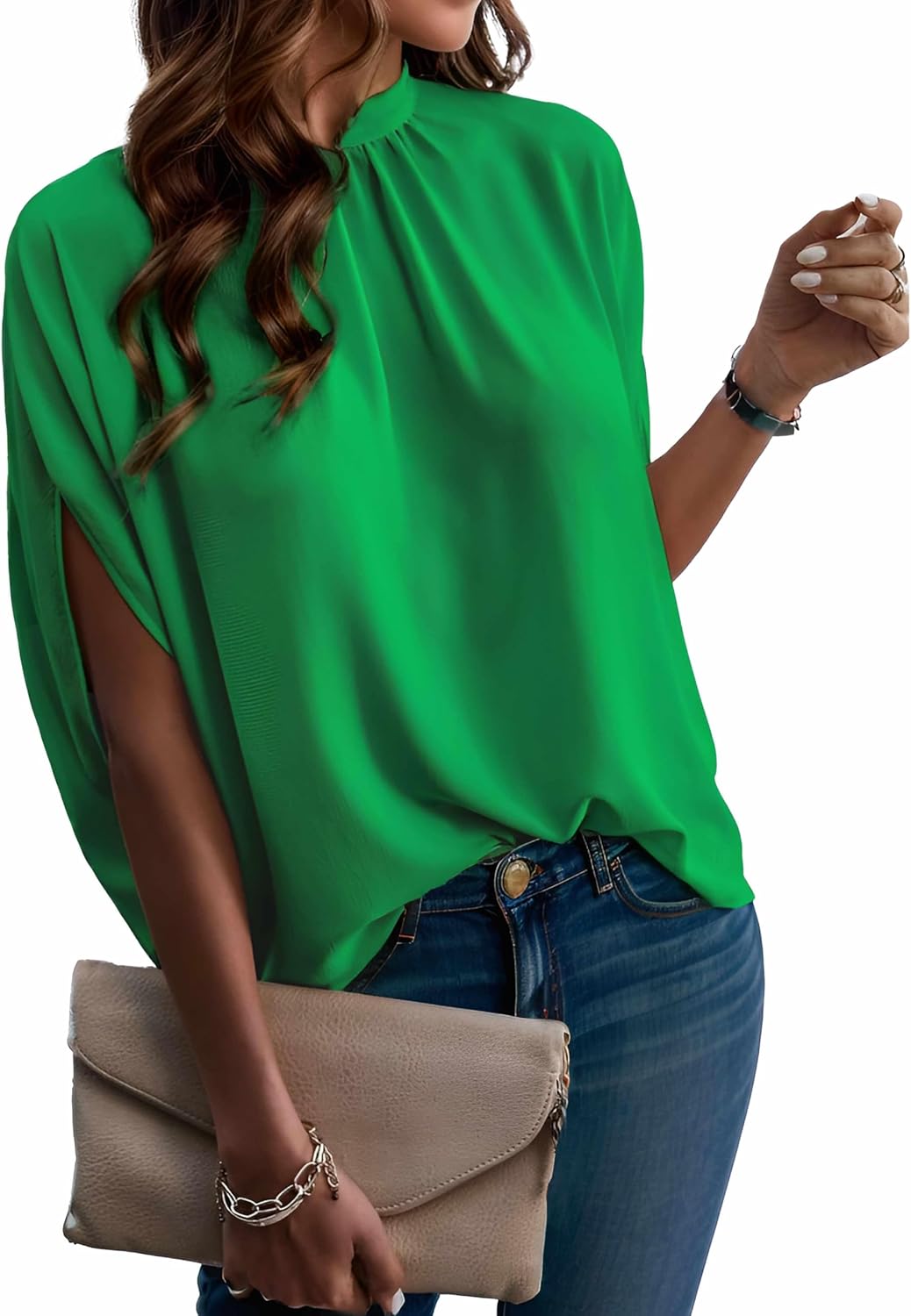 Womens Blouses Dressy Casual Mock Neck Batwing Sleeve Tops Loose Fit Tie Back Su...