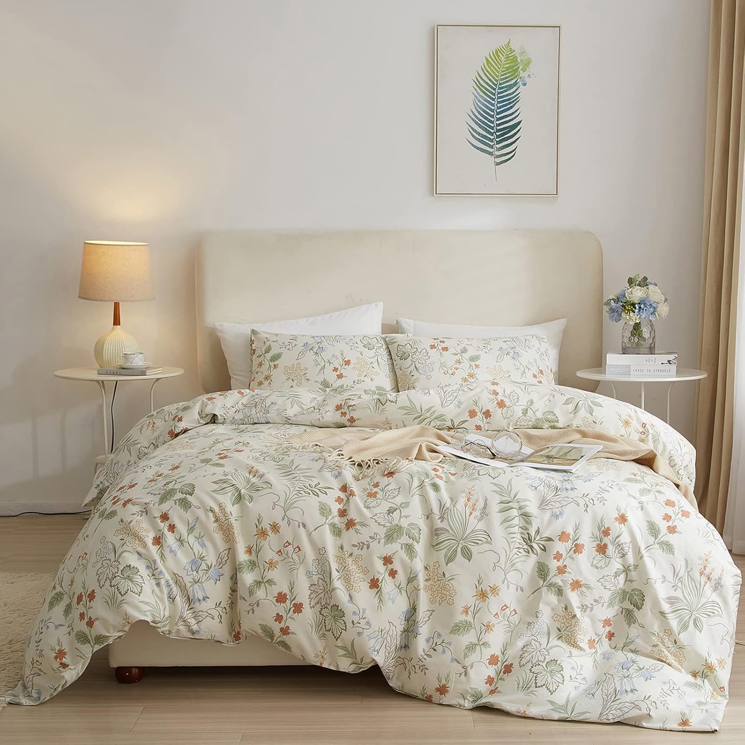 EAVD Vintage Style Floral Duvet Cover Queen White Soft 100% Cotton Garden Botani...
