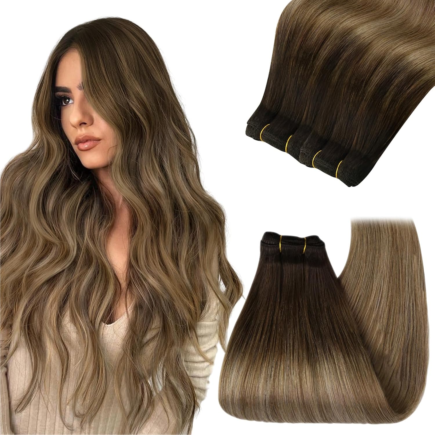 YoungSee Sew in Hair Extensions, Special Real Human Hair Balayage Extensions, Hi...