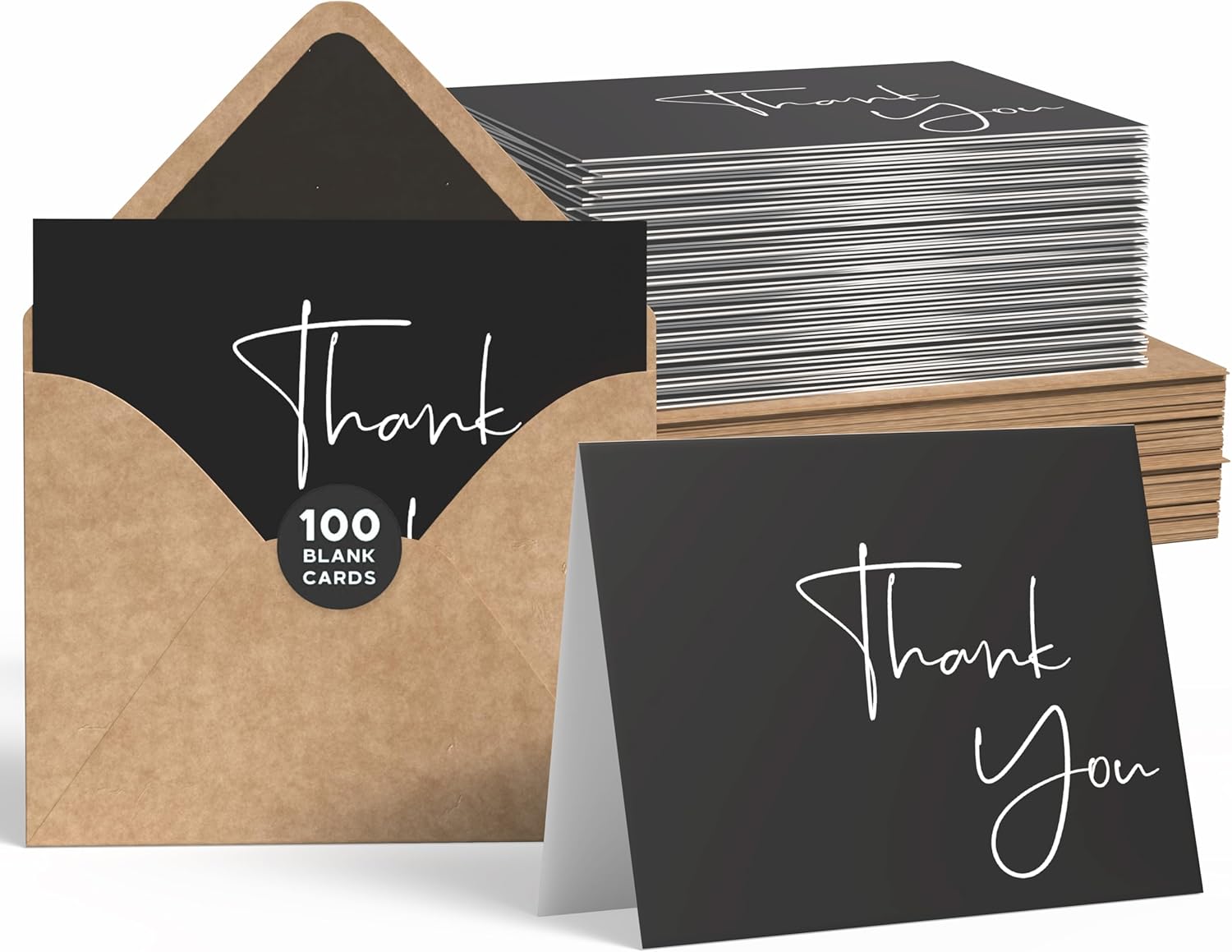 VNS Creations 100 pack Thank You Cards with Envelopes & Stickers - Classy 4x6 Bl...