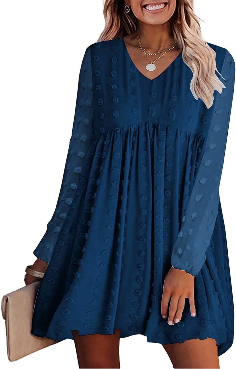 KIRUNDO Womens Dresses 2024 Spring Summer Long Sleeve Mini Dress V Neck Flowy Ca...