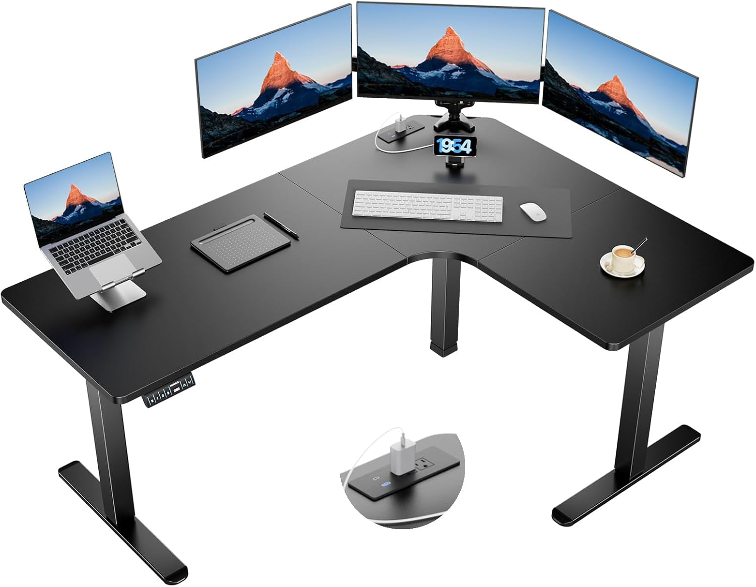 HUANUO 63″ Dual Motor L-Shaped Standing Desk, Built-in Power Outlets, Electric H...