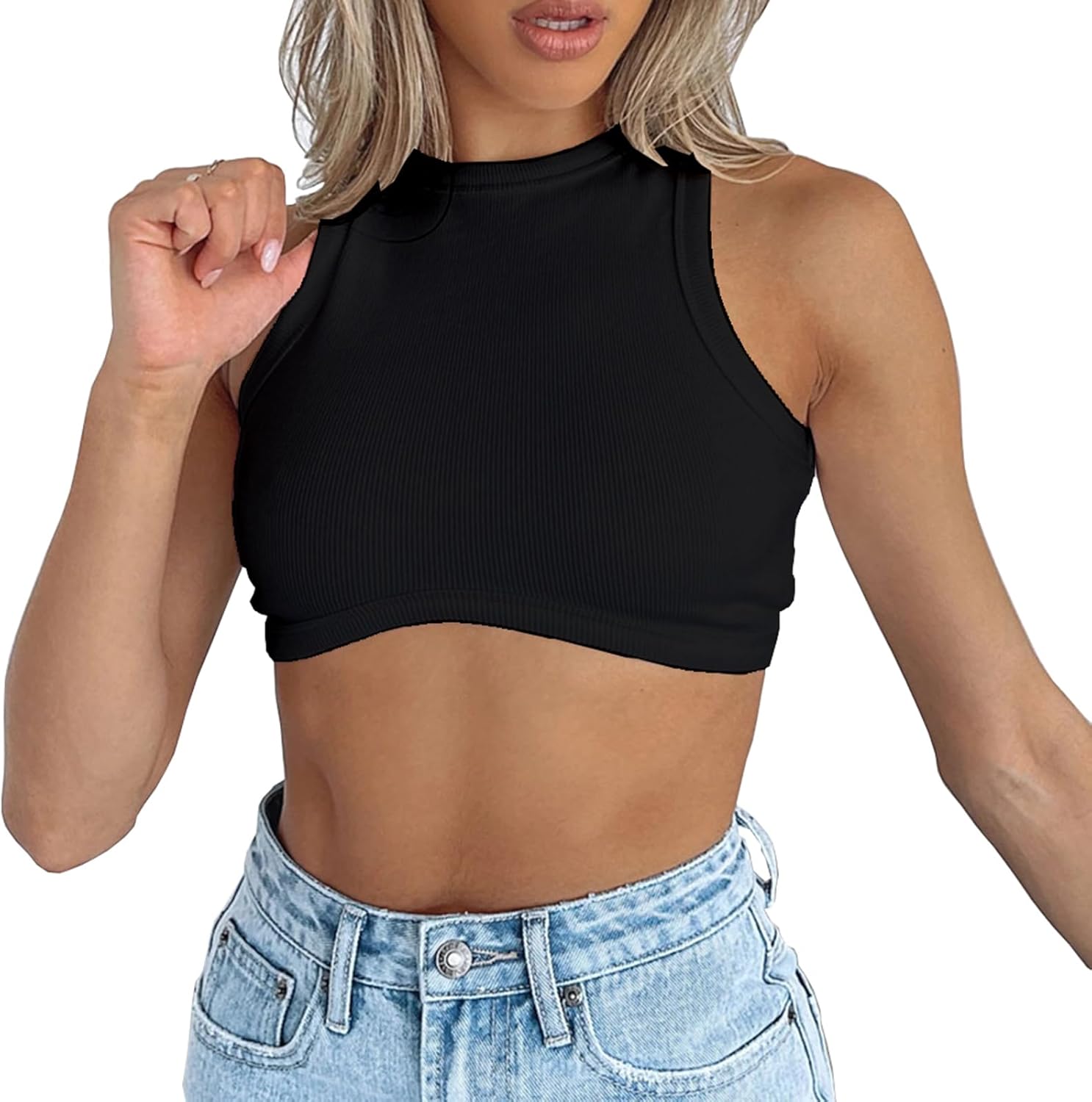 Dwnval Sexy Sleeveless Crewneck Ribbed Knitted Tank Crop Tops for Women Black Me...