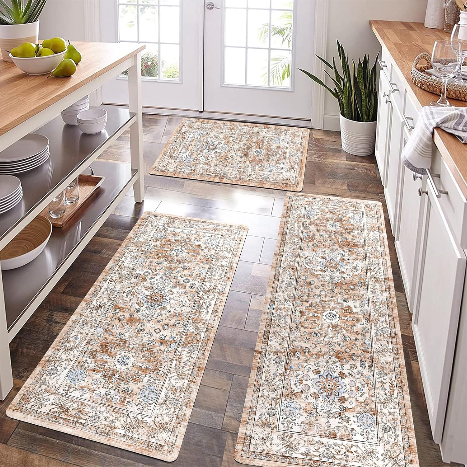 Pauwer Boho Kitchen Rugs Sets of 3 Non Slip Rubber Mats for Floor Waterproof and...