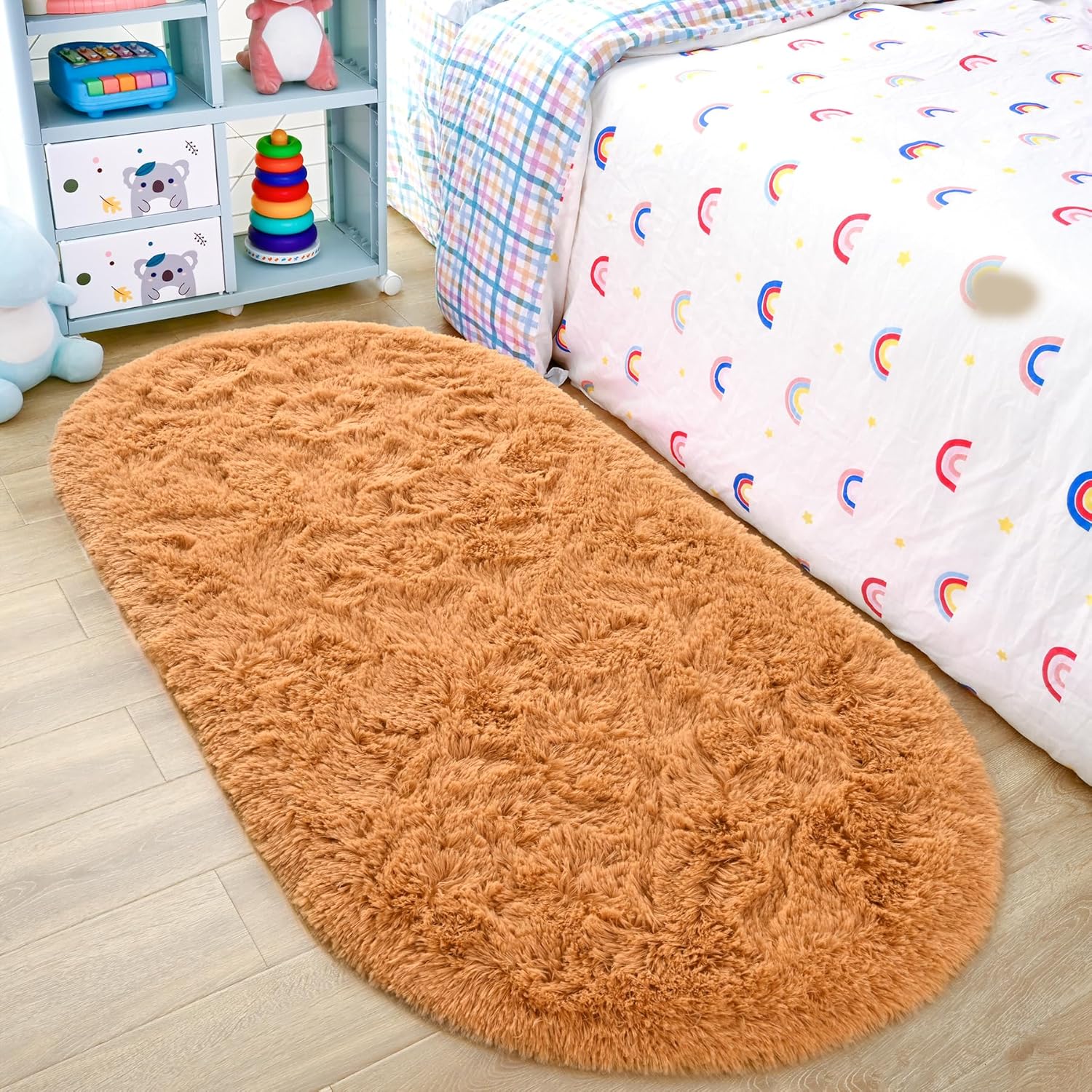 Noahas Ultra Soft Fluffy Bedroom Rugs,2.6' X 5.3' Oval Khaki Fluffy Rugs for Bed...