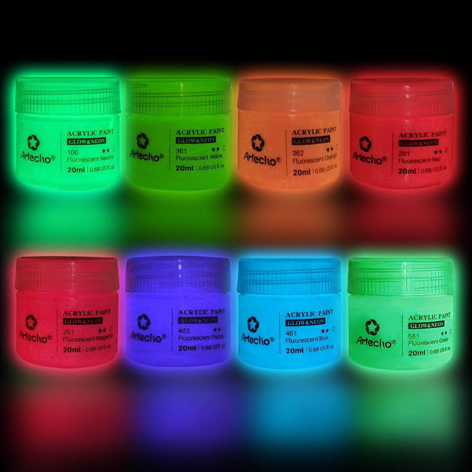 Artecho Glow in the Dark Paint - Set of 8 Colors, 20 ml / 0.7 oz Acrylic Paint f...