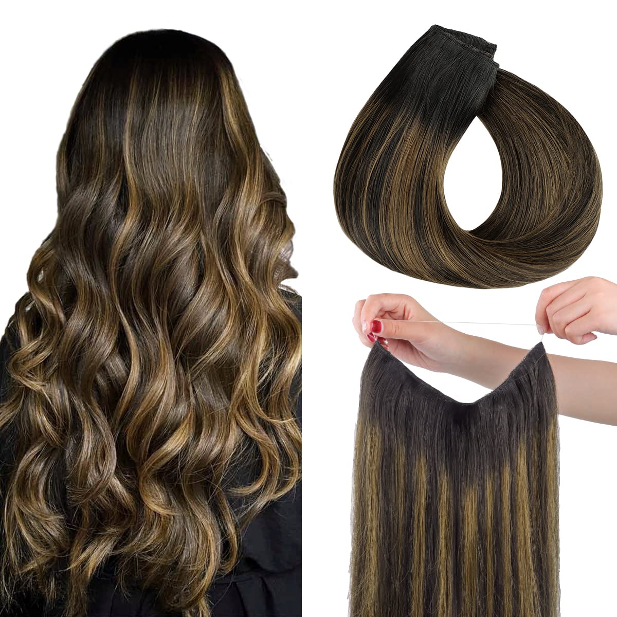 HOTBANANA Wire Hair Extensions, 20 inch 110g Natural Black Mixed Chestnut Brown...