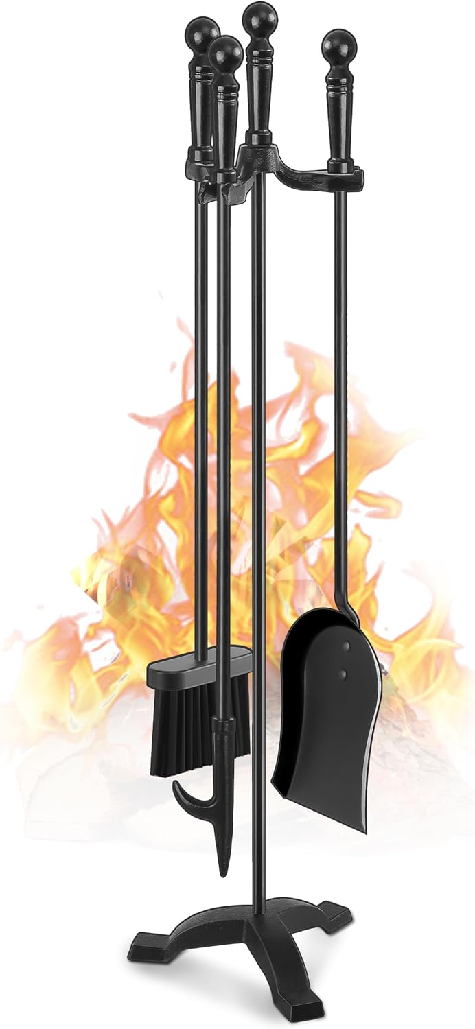 Gtongoko Fireplace Tools Set 4 Pcs 30 Inch Black Wrought Iron Large Fire Tool Se...