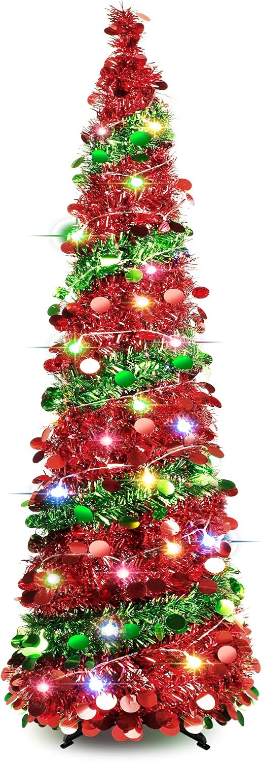 5 FT Collapsible Sequin Pop Up Christmas Tree, Unique Skinny Pencil Tinsel Xmas...