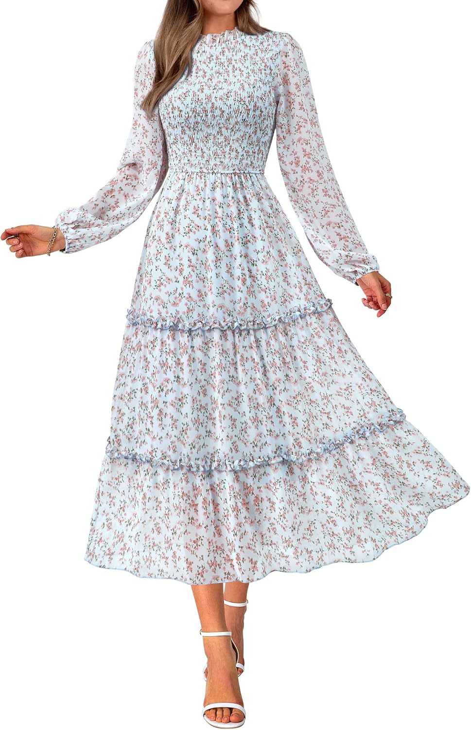 NOLLSOM Women 2024 Fall Dress Floral Boho Dress Casual Long Sleeve Crew Neck Ruf...