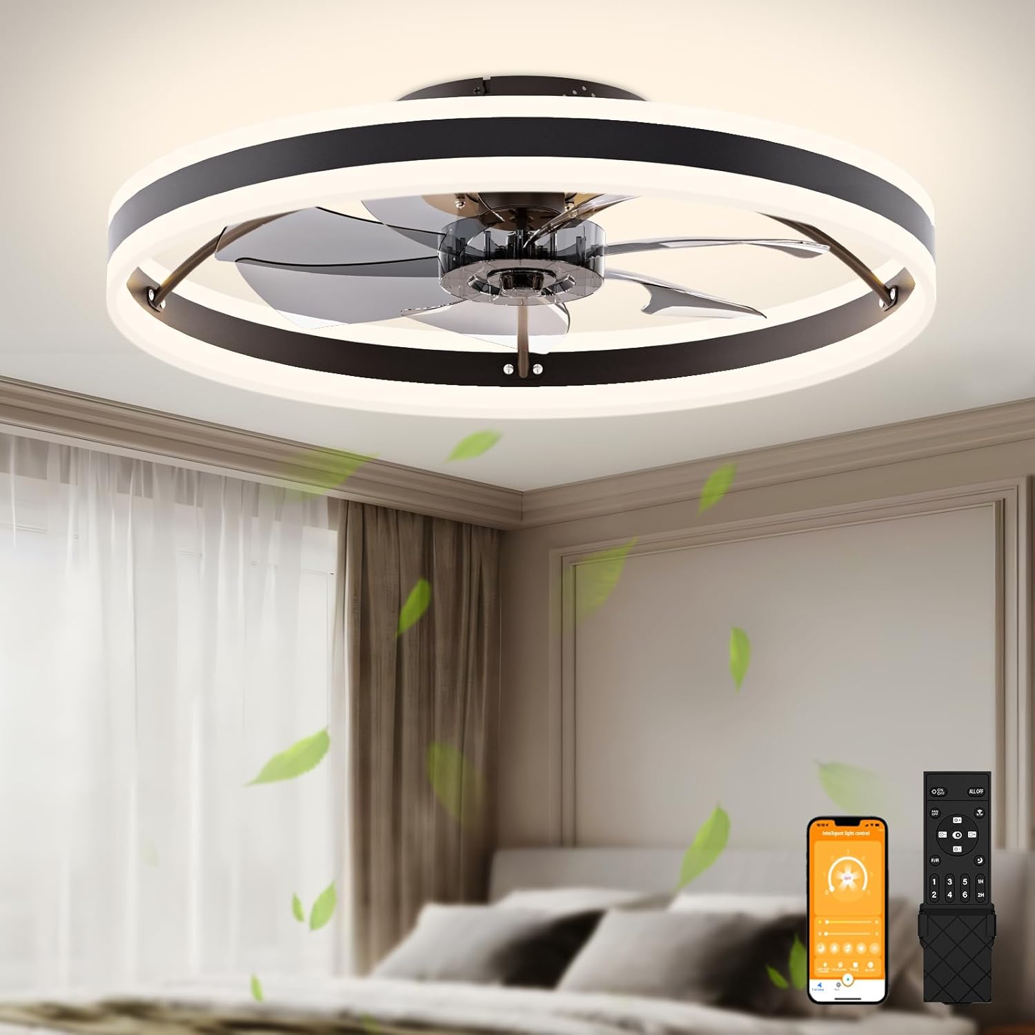 VOLISUN Low Profile Ceiling Fans with Lights and Remote, 23.6in Flush Mount Ceil...