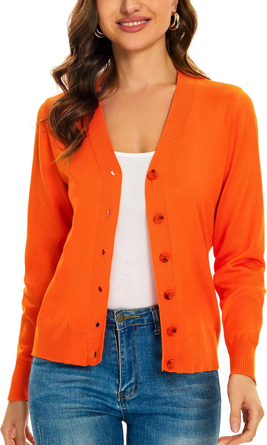 Women's V Neck Button Down Long Sleeve Cardigan Sweater V-orange Medium