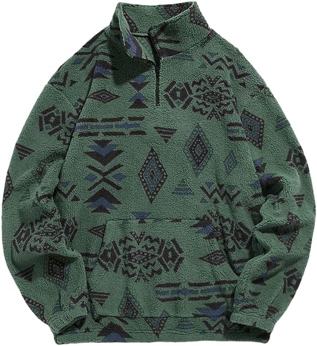 ZAFUL Mens 1/4 Zipper Fleece Sherpa Pullover Sweatshirt Ethnic Aztec Printed Kan...
