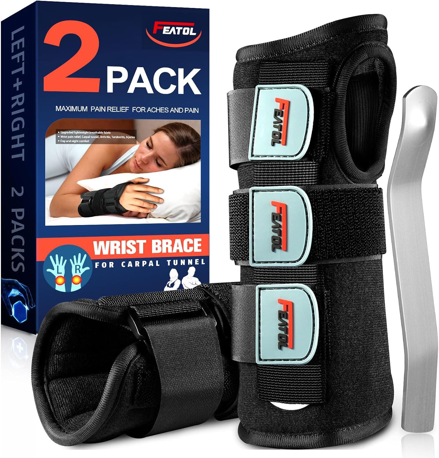 FEATOL Carpal Tunnel Wrist Brace Night Support 2 Pack - Pain Relief Tendonitis,...