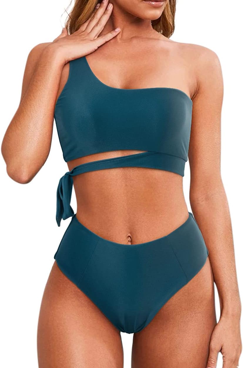 MOOSLOVER Women One Shoulder High Waisted Bikini Tie High Cut Two Piece Swimsuit...