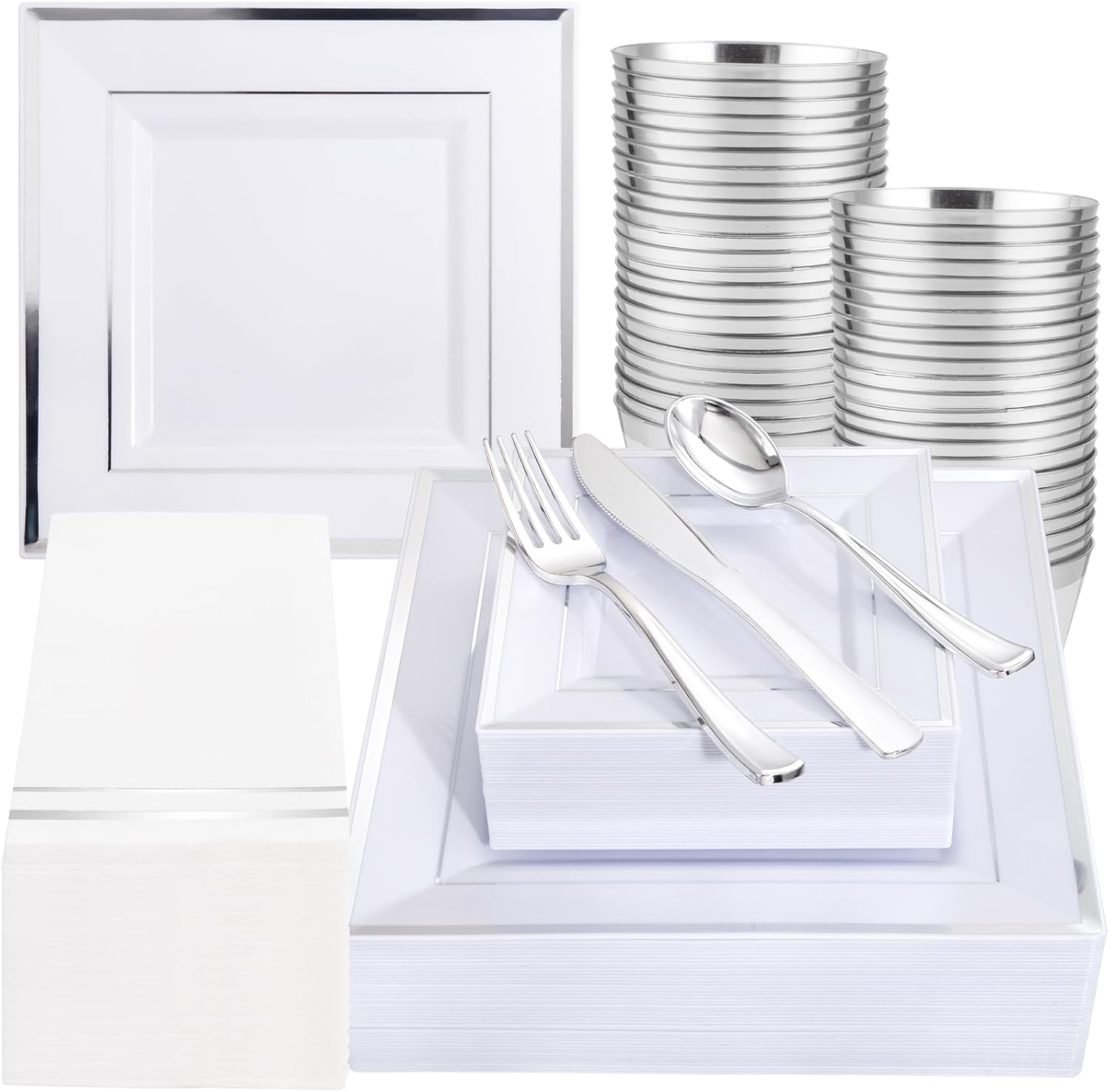 Festiva 350Pcs Silver Plates - Silver Square Plastic Plates include 50 Dinner Pl...