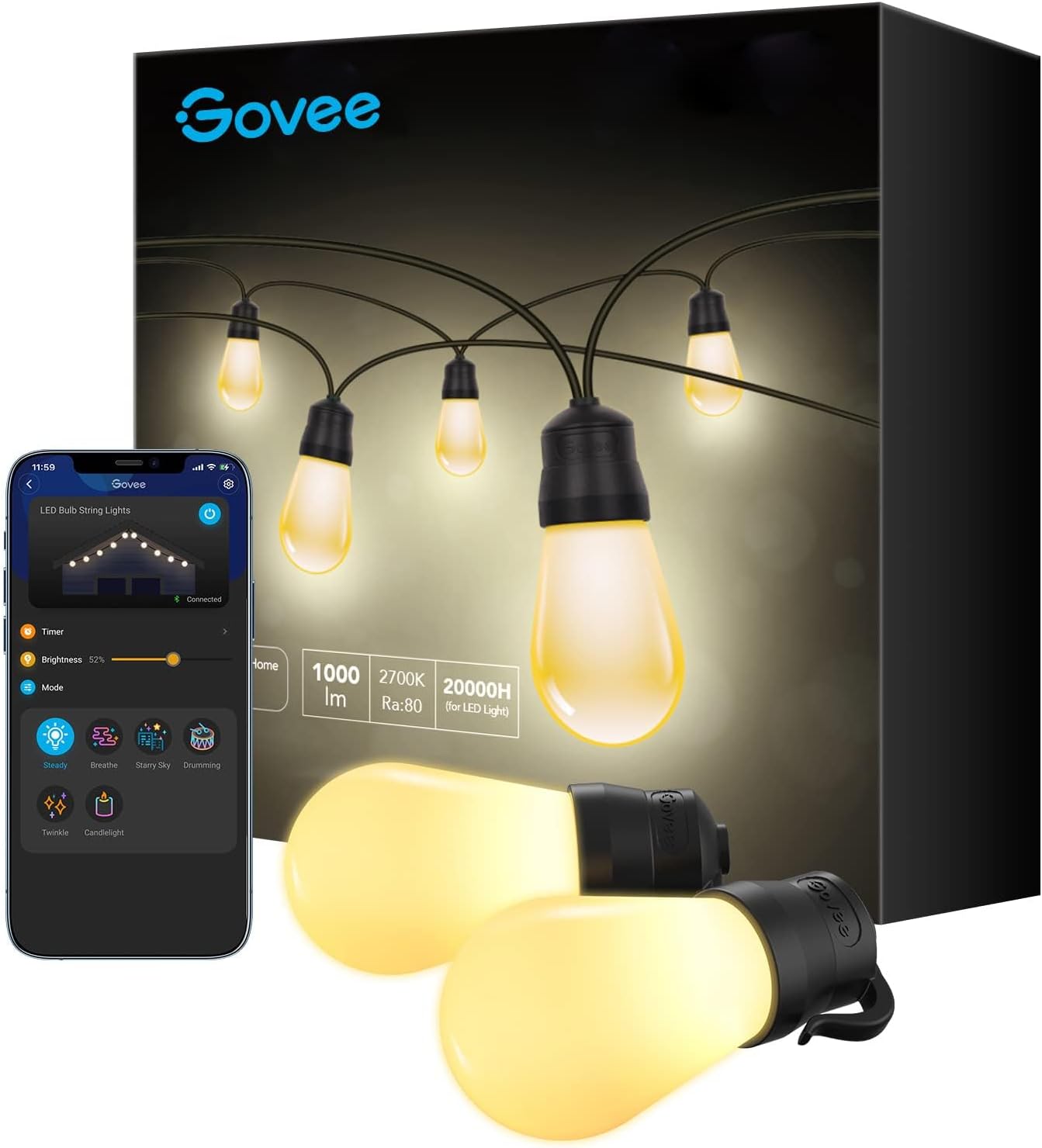 Govee Outdoor String Lights, 48ft Smart Outdoor String Lights with 15 Dimmable W...