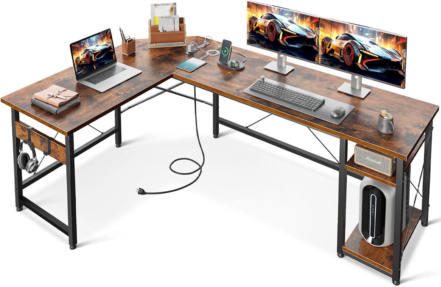 Coleshome L Shaped Computer Desk 66" with Power Outlet & Storage Shelves, Corner...
