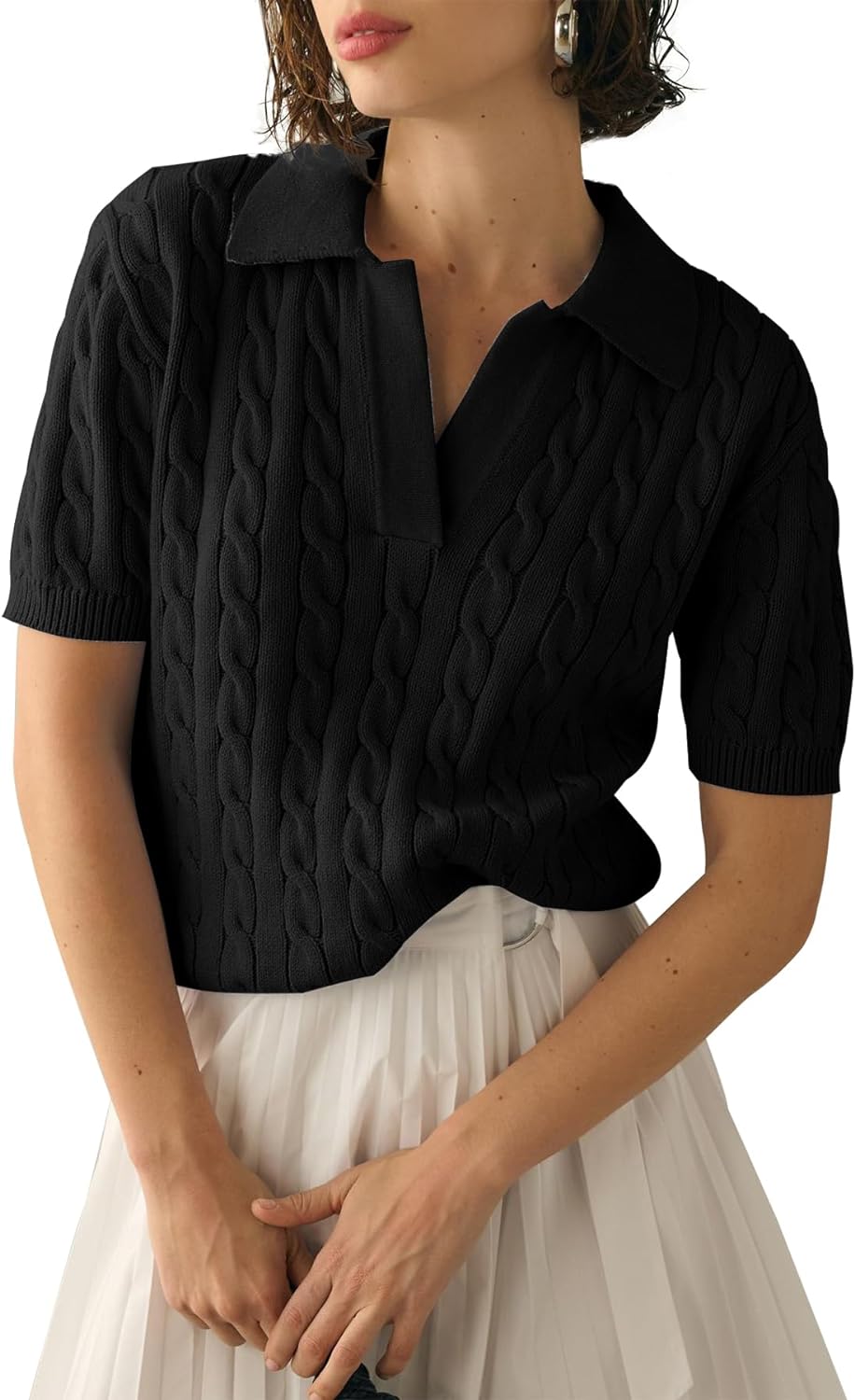 Imily Bela Women's Cable Short Sleeve Sweaters Tops Solid Lapel V Neck Knit Casu...