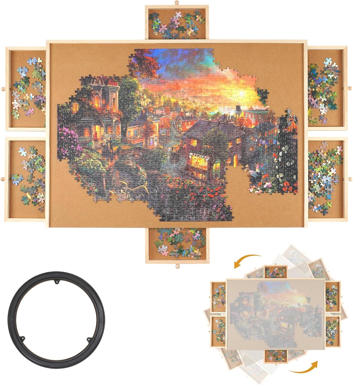 1000 Piece Rotating Puzzle Board with Drawers and Cover,23"x30"Portable Wooden J...