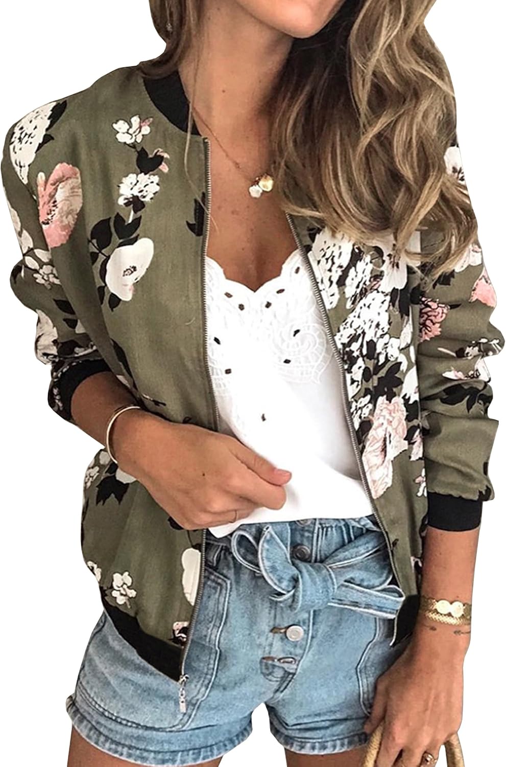 ECOWISH Women's Casual Floral Zip Up Bomber Jacket Coat Stand Collar Lightweight...
