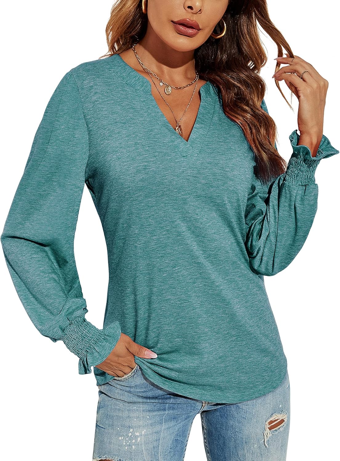 Romanstii Women's Casual V-Neck T-Shirts Loose Puff Long Sleeve Tops Tunic Blous...