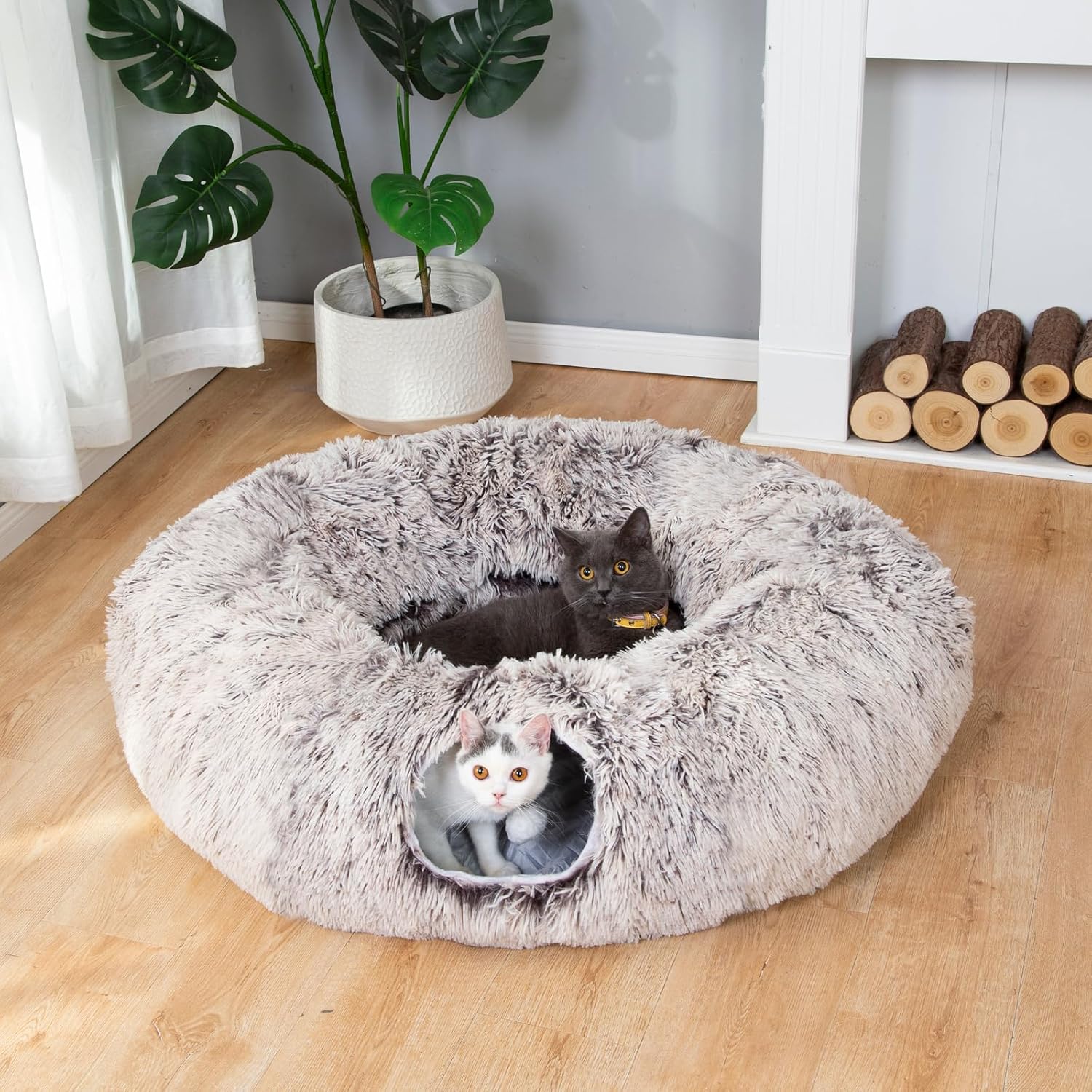 LUCKITTY Warm Fluffy Plush Cat Dog Tunnel Bed with Washable Cushion-Big Tube Pla...