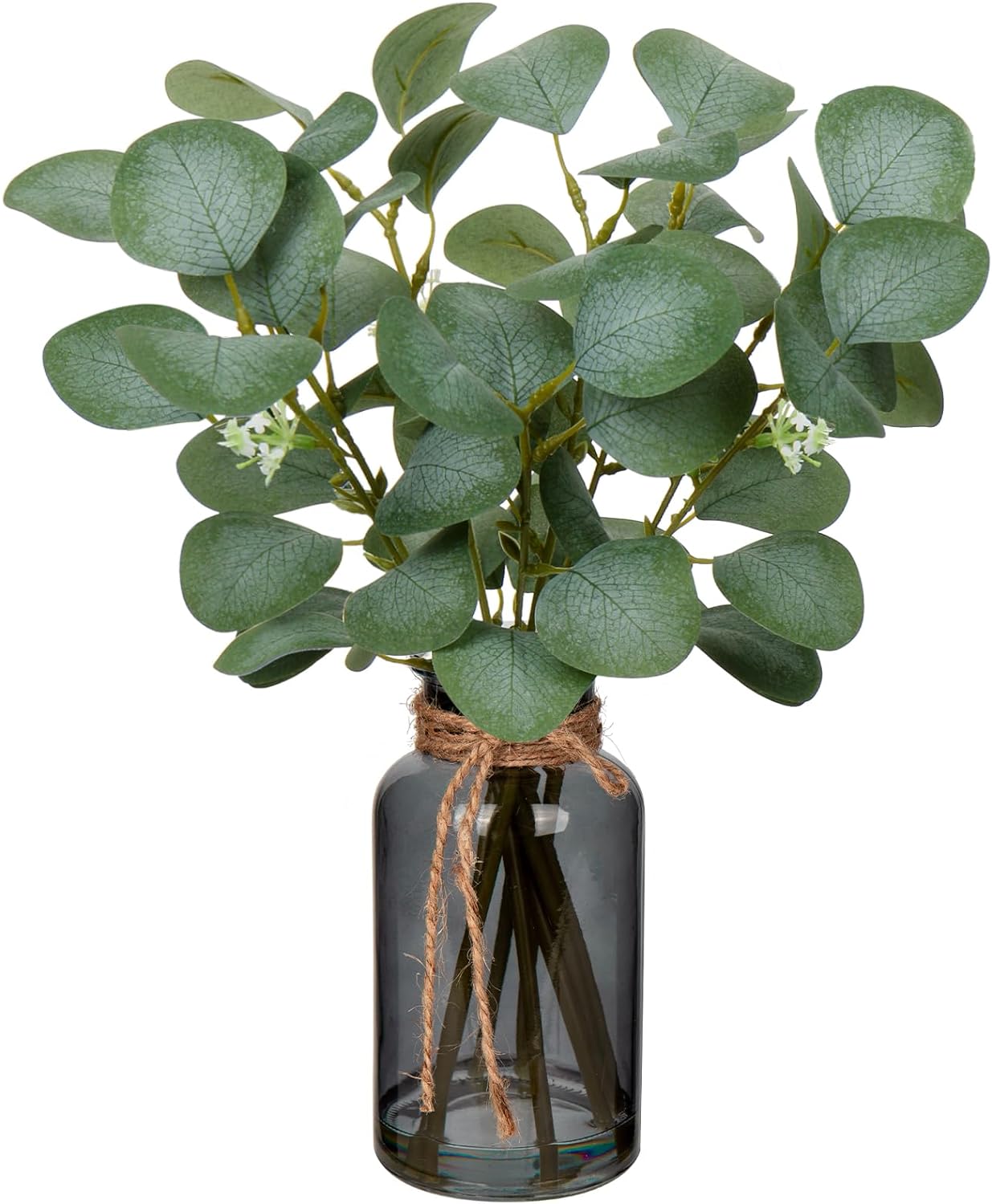 Briful Artificial Eucalyptus Stems in Black Glass Vase with Faux Water, 14" Fake...