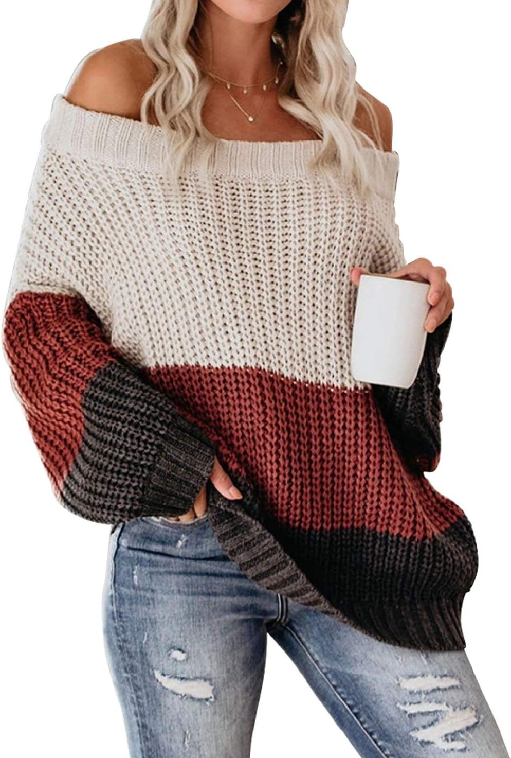 VIMPUNEC Womens Oversized Sweater Color Block Off The Shoulder Pullover Sweaters...