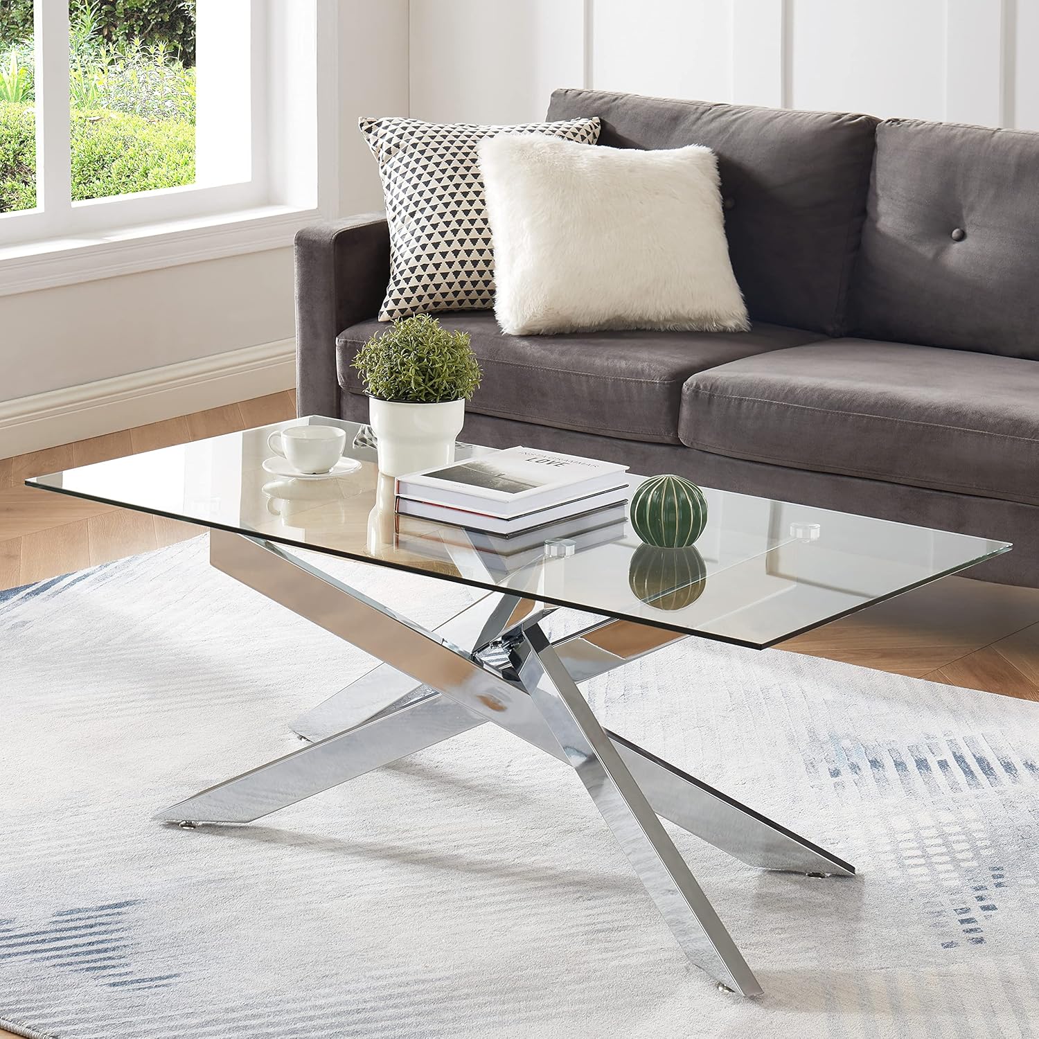 Rectangle Modern Coffee Table, Tempered Glass Top...