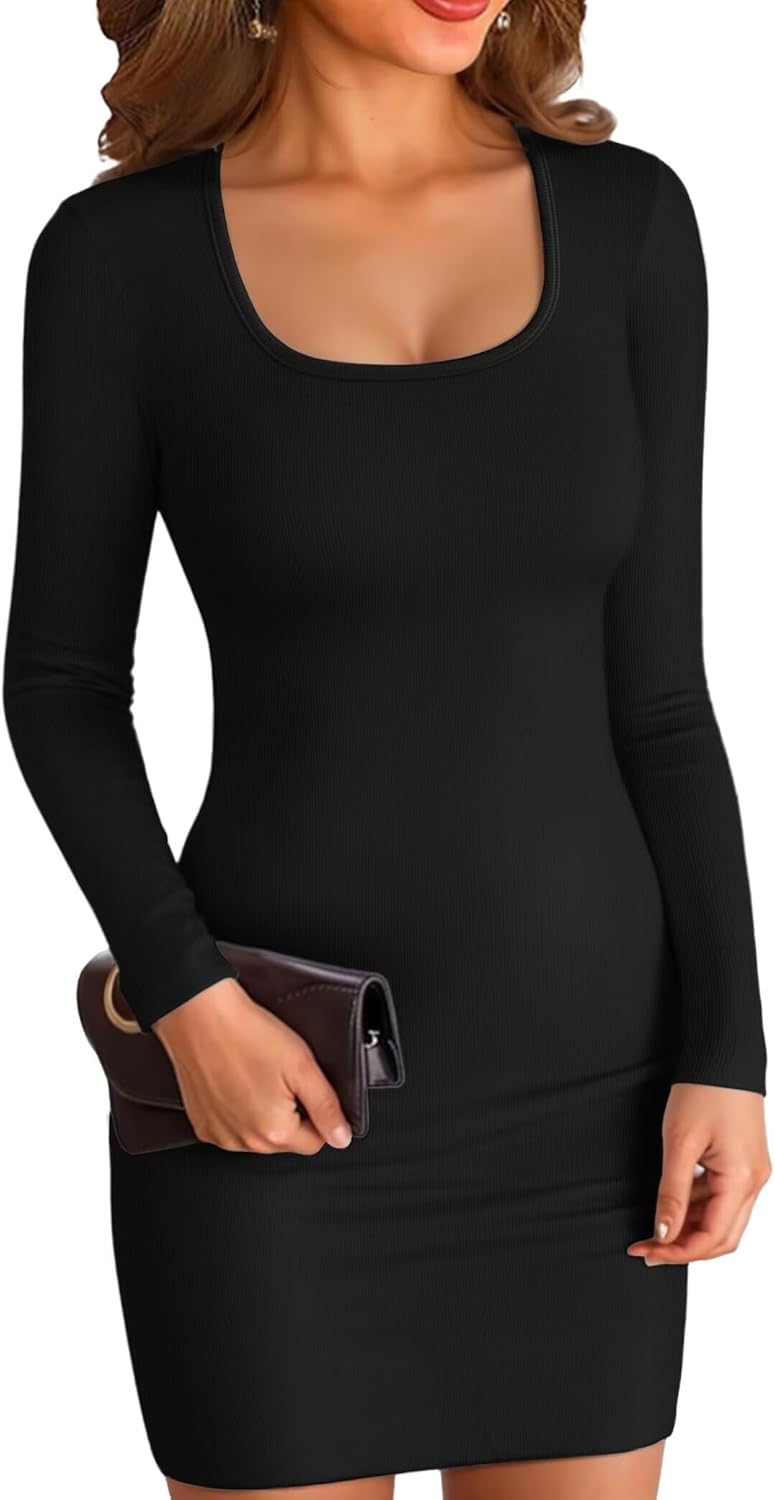 VICHYIE Women Square Neck Ribbed Bodycon Tight Dress Long Sleeve Mid Thigh Penci...