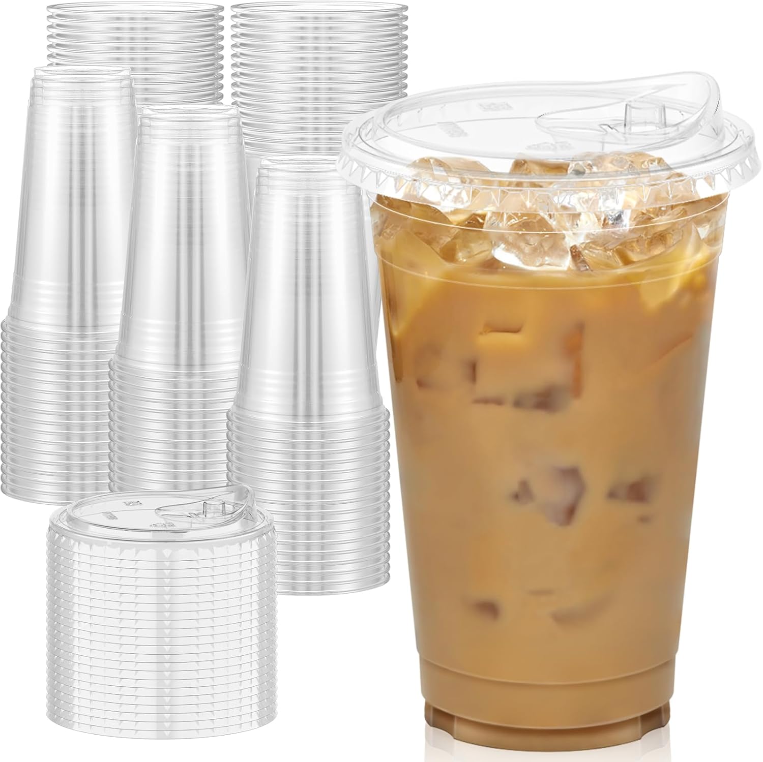 100 Pack - 20 oz Clear Plastic Cups with Lids, Sturdy & Food Safe Iced Coffee Cu...