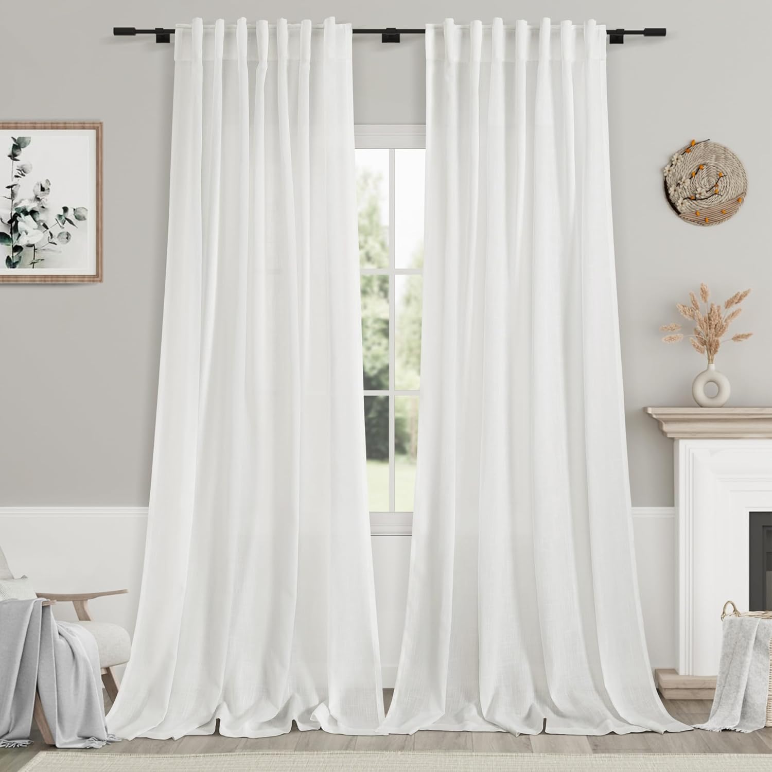 Nanspring Solid Off White Curtains 96 Inches Long 2 Panels Back Tab Sheer Linen...