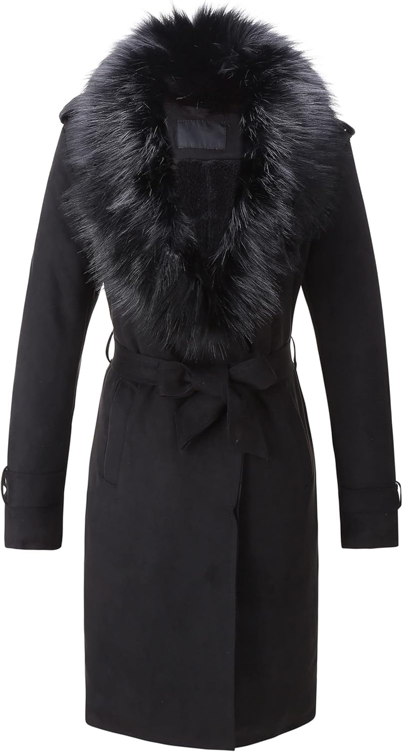 Bellivera Women Faux Leather Trench Coat Fleece-Lined Mid-length Jacket with Det...