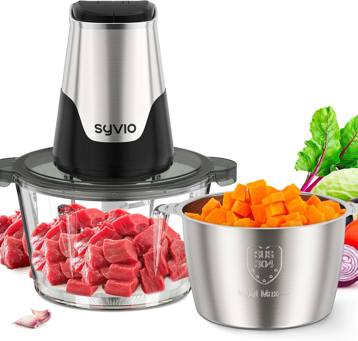 Syvio Food Processors with 2 Bowls, Meat Grinder 4 Bi-Level Blades, Mini Electri...