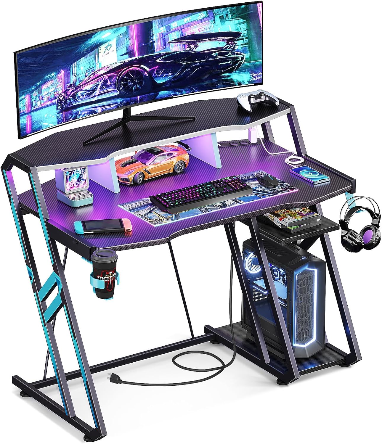 MOTPK Gaming Desk with Power Outlet & LED Lights, Gaming Computer Desk 39inch wi...