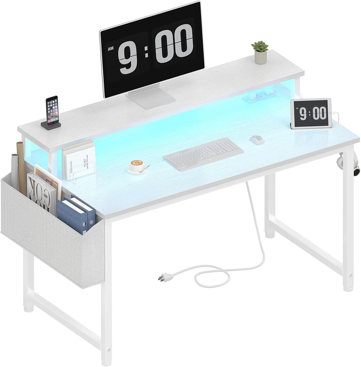Lufeiya White Computer Desk with LED Lights and Power Outlets, 40 Inch Home Offi...