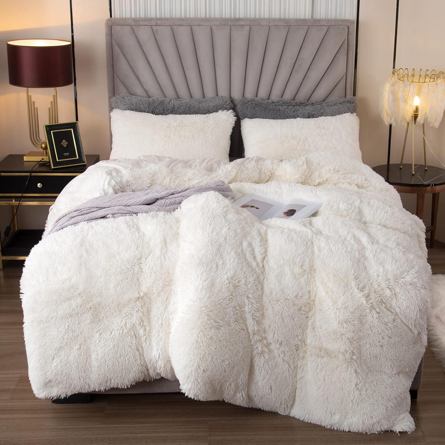 EMME Plush Shaggy White Duvet Cover Set Queen Size 3 Pieces Luxury Fuzzy Comfort...