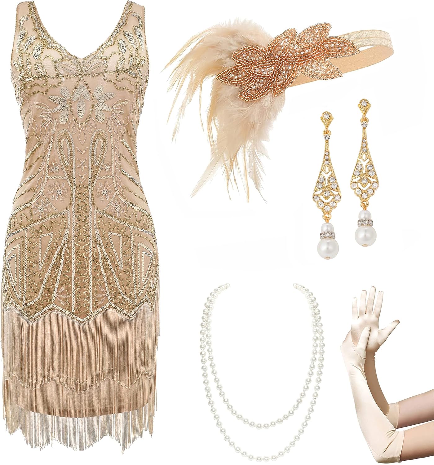 BABEYOND Women’s Flapper Dresses Set 1920s V Neck Beaded Fringed Great Gatsby Dr...