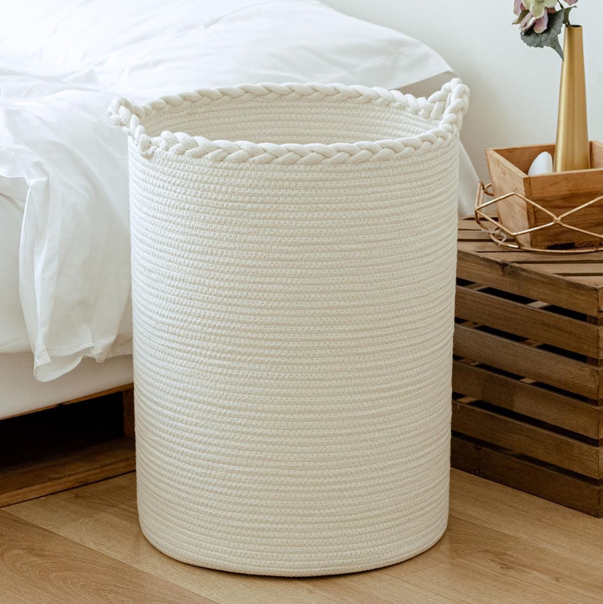 58L Woven Laundry Basket,Cotton Tall Laundry Hamper for Blankets,Clothes,Pillows...