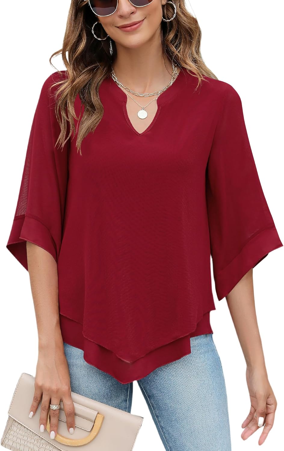 Micoson Womens 3/4 Sleeve Chiffon Blouses V Neck Double Layers Mesh Shirts Dress...