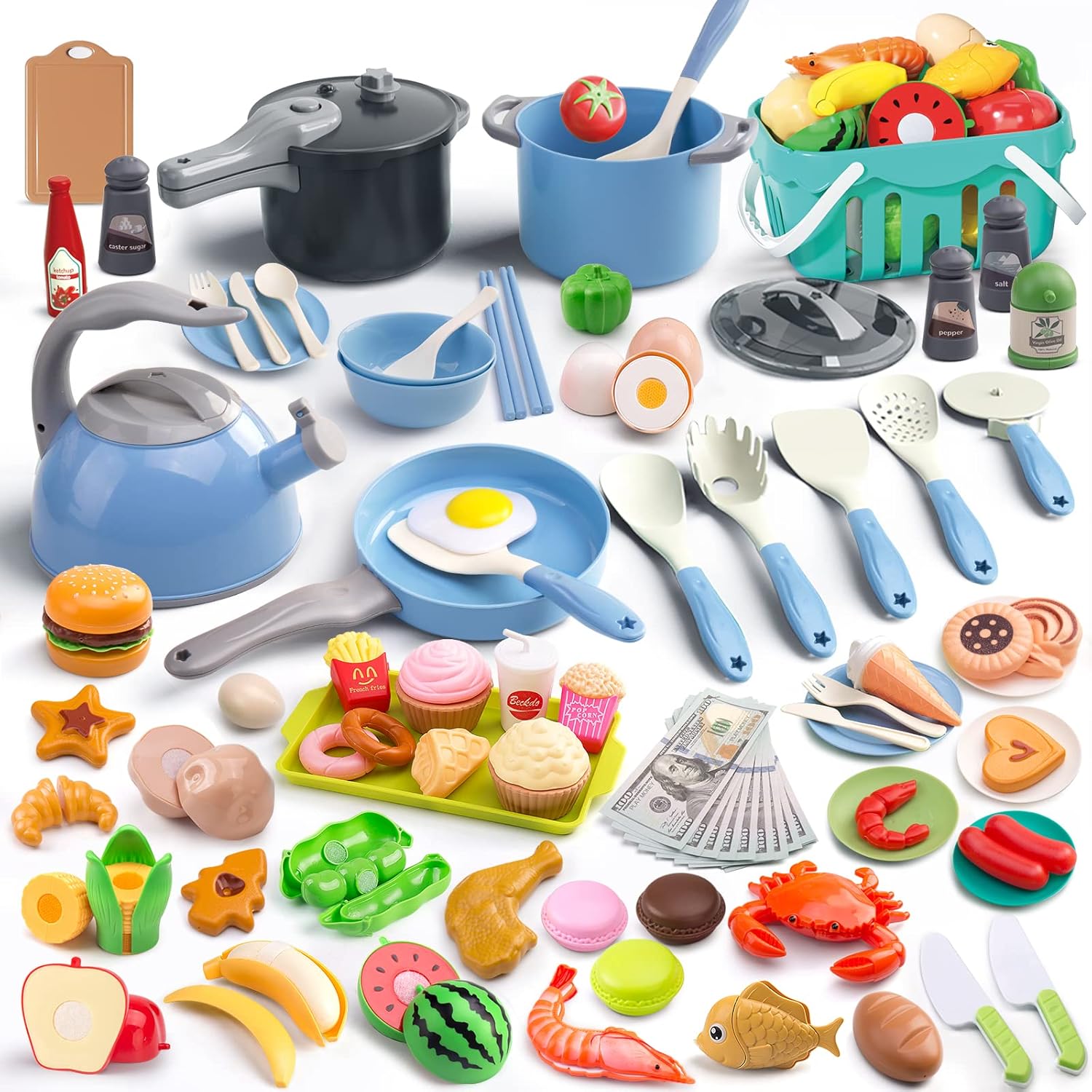 130Pcs Kitchen Playset, Toddler Pretend Cooking Pl...