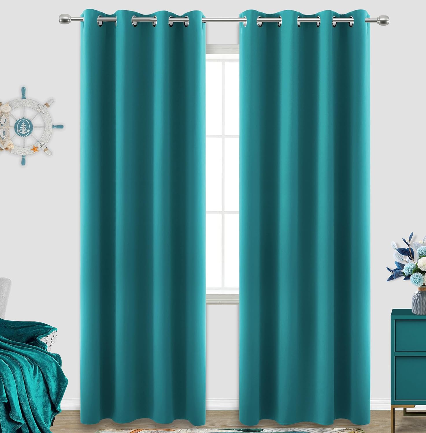 Teal Curtains 84 Inch Length for Living Room 2 Panels Set Grommet Pair Window Tr...
