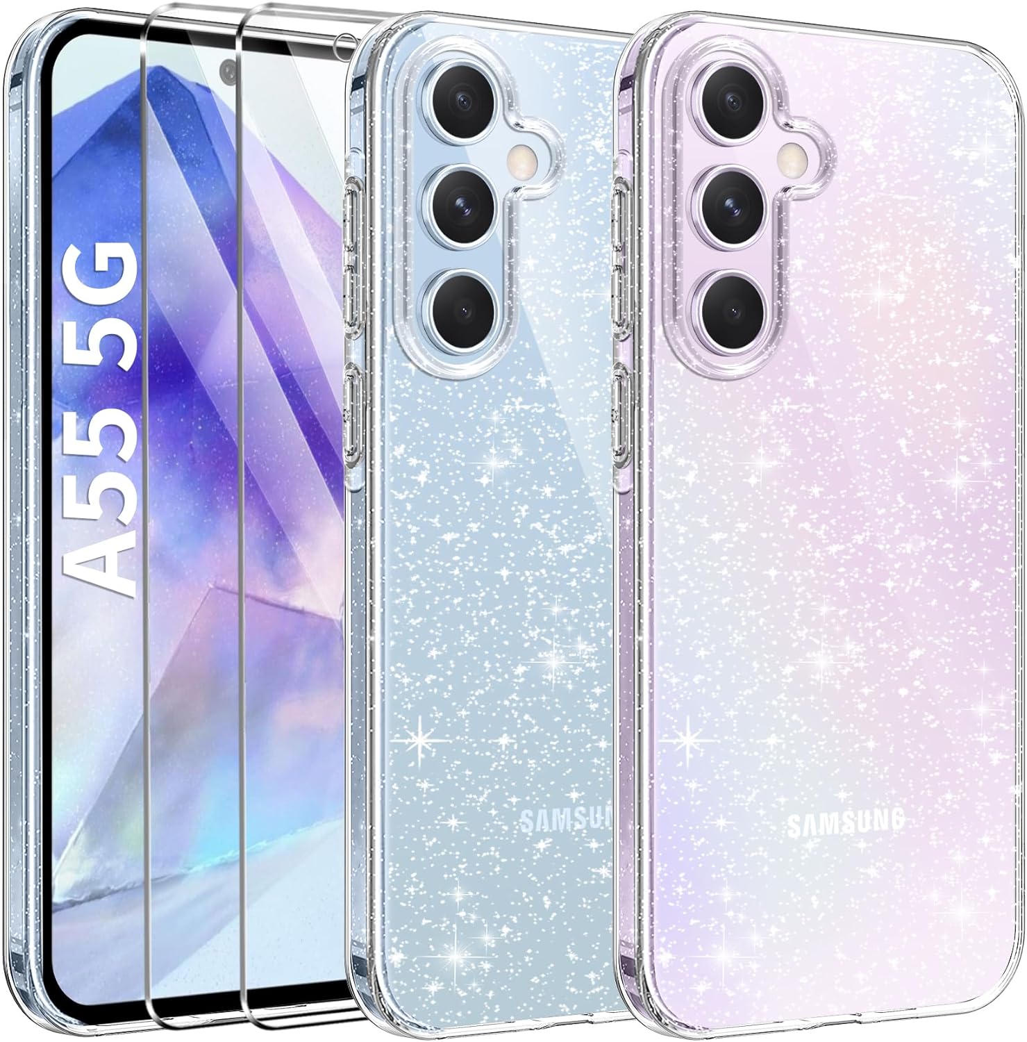 AROYI 3 in 1 Clear Glitter Case for Samsung Galaxy A55 5G Case with 2 Tempered G...
