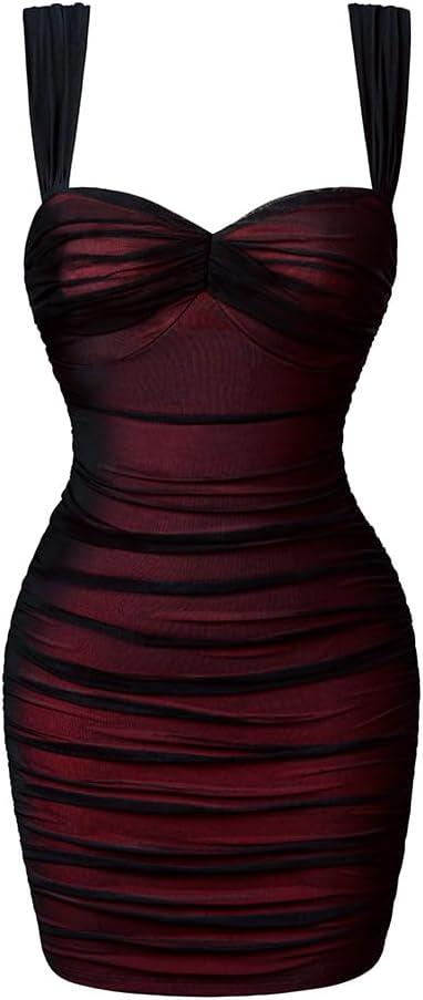 LAGSHIAN Women's Summer Sexy Bodycon Sleeveless Tank Straps Mesh Ruched Mini Par...