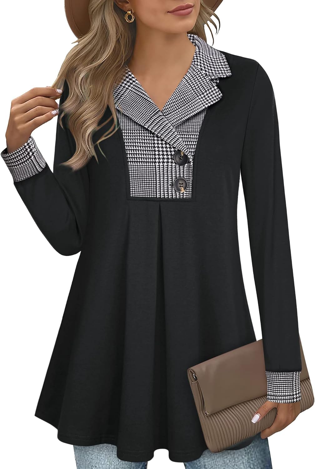 Gaharu Women's Swing Tunic Notch Collar Ladies Button Sweatshirt Long Sleeve Pul...