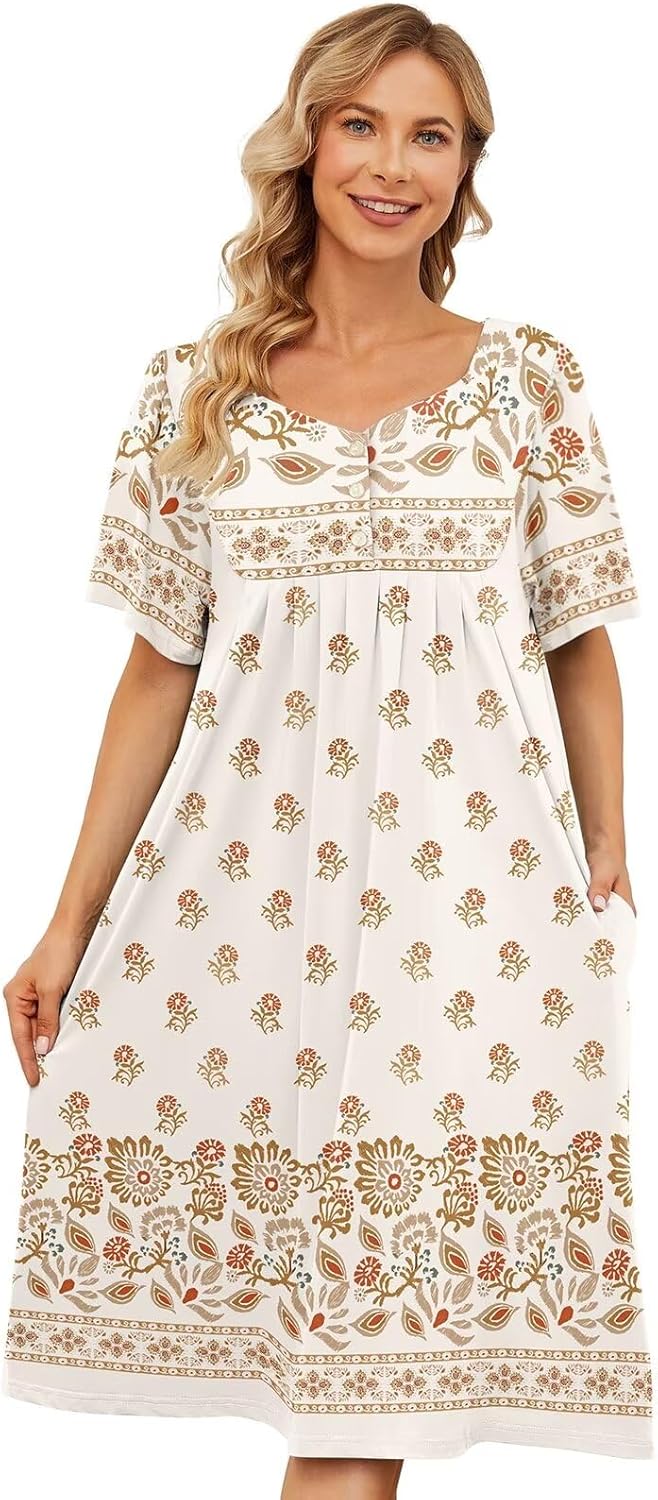 House Dresses for Women with Pockets Moo Moo Nightgown Short Sleeve Mumu Dress L...