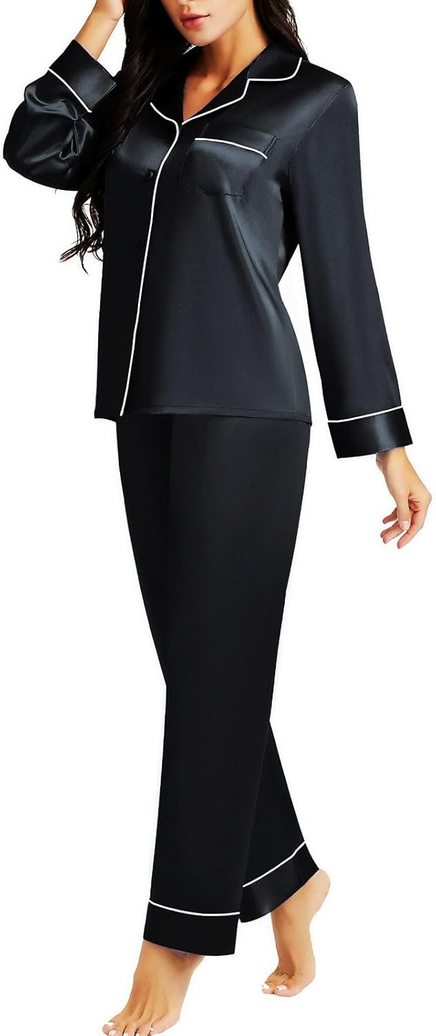 Lonxu Silk Satin Womens Pajama Sets Button Down Sleepwear Loungewear XS~3XL Blac...